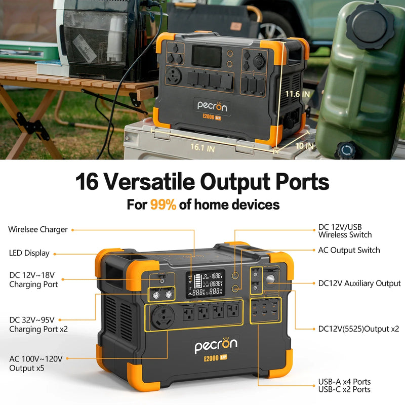 Pecron E2000LFP Portable Power Station 1920Wh Expandable to 8064Wh LiFePO4 Battery 2000W Solar Generator for Home, Camping, RV